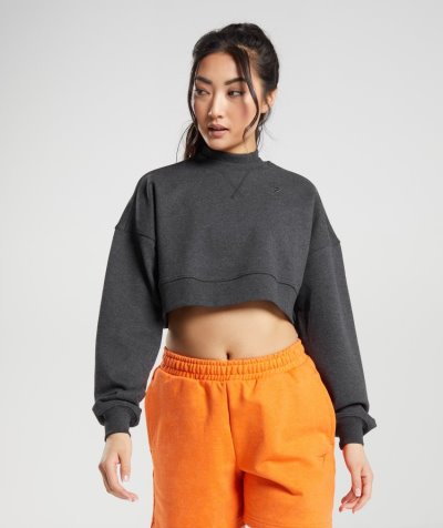 Black Women's Gymshark Rest Day Sweats Cropped Pullover | CA0756-010