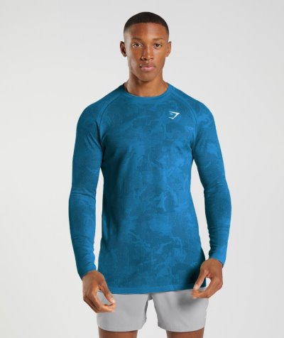 Blue / Blue Men's Gymshark Geo Seamless Long Sleeve T Shirts | CA9674-077