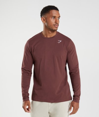Brown Men's Gymshark Crest Long Sleeve T Shirts | CA4659-376