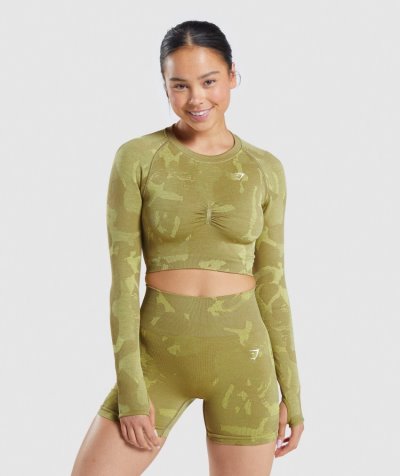 Green Women's Gymshark Adapt Camo Seamless Long Sleeve Cropped Tops | CA2823-390