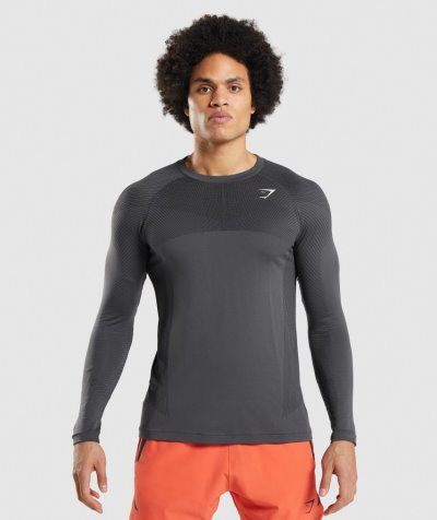Grey / Black Men's Gymshark Apex Seamless Long Sleeve T Shirts | CA7547-346