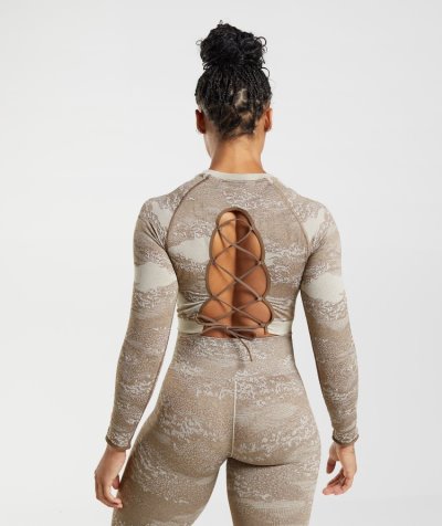 Grey / Brown Women's Gymshark Adapt Camo Seamless Lace Up Back Tops | CA2052-669
