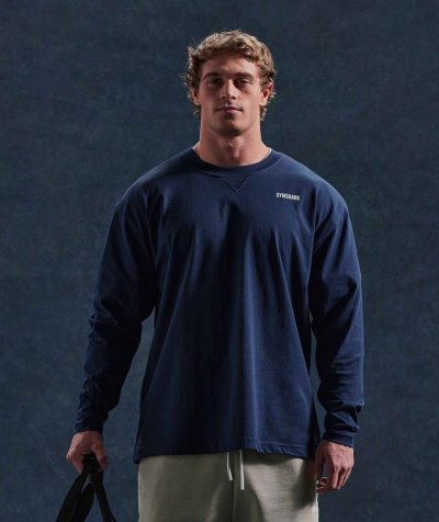 Navy Men's Gymshark Rest Day Sweats Long Sleeve T Shirts | CA8281-409