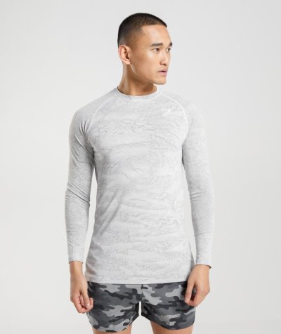 Off White / Light Grey Men's Gymshark Geo Seamless Long Sleeve T Shirts | CA5729-303
