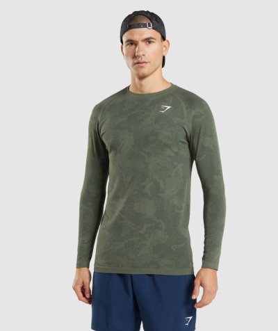 Olive / Black Men's Gymshark Geo Seamless Long Sleeve T Shirts | CA2770-473