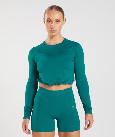 Turquoise Women's Gymshark Sweat Seamless Long Sleeve Cropped Tops | CA2676-429