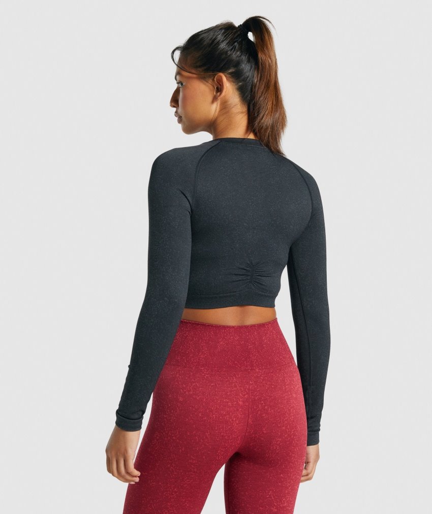 Black Women's Gymshark Adapt Fleck Seamless Long Sleeve Cropped Tops | CA8681-821