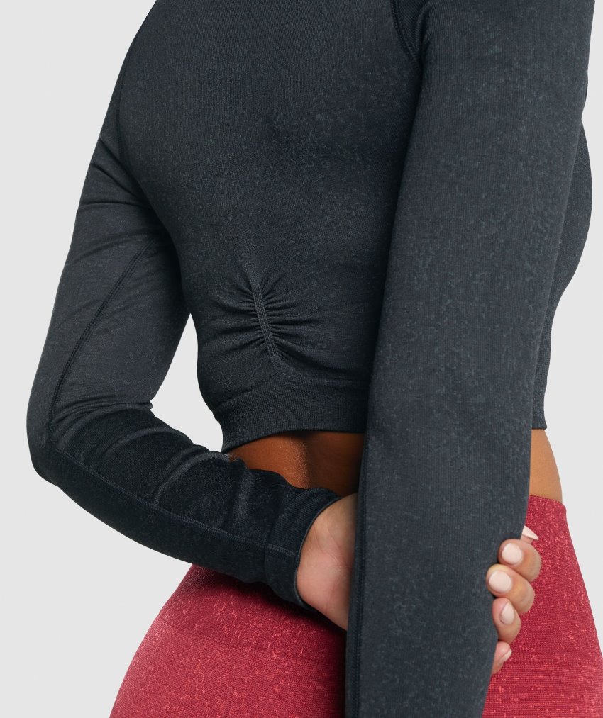 Black Women's Gymshark Adapt Fleck Seamless Long Sleeve Cropped Tops | CA8681-821