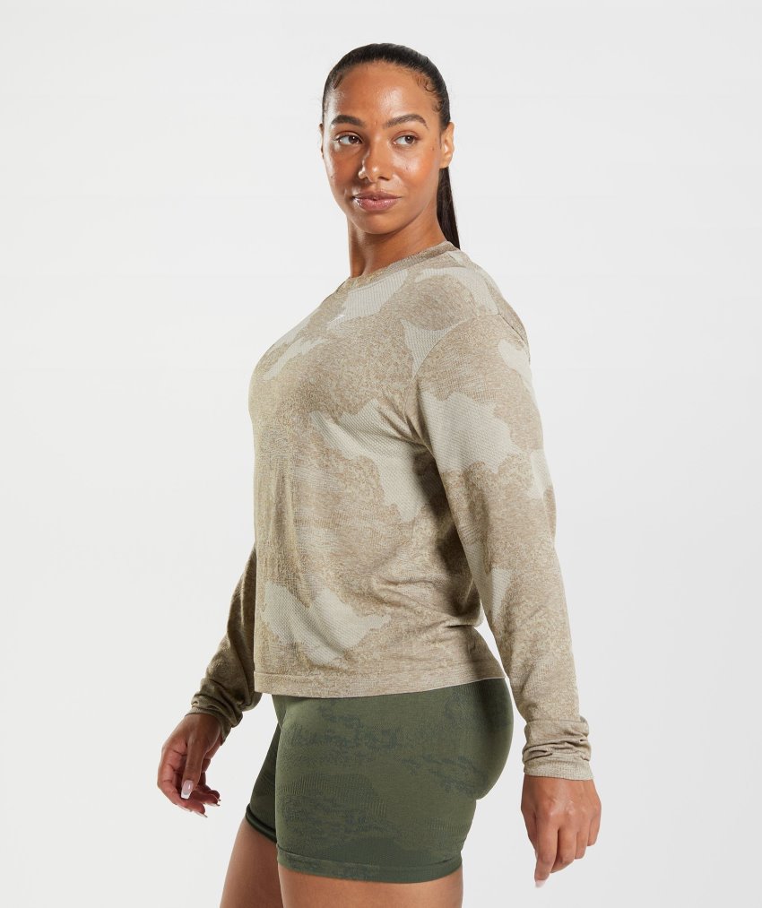 Grey / Brown Women's Gymshark Adapt Camo Seamless Long Sleeve Tops | CA3706-236