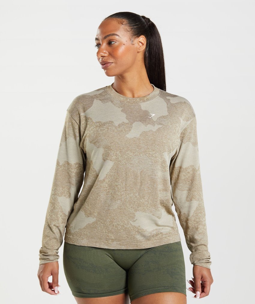 Grey / Brown Women\'s Gymshark Adapt Camo Seamless Long Sleeve Tops | CA3706-236