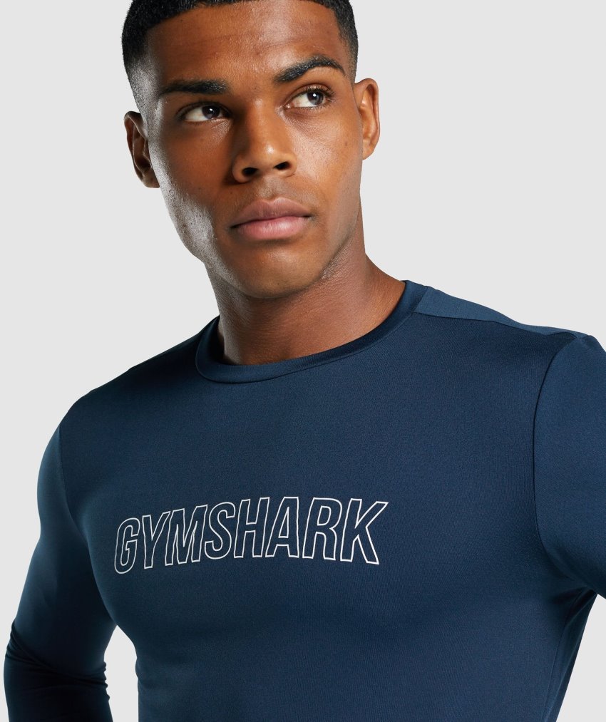 Navy Men's Gymshark Arrival Long Sleeve Graphic T Shirts | CA2206-787