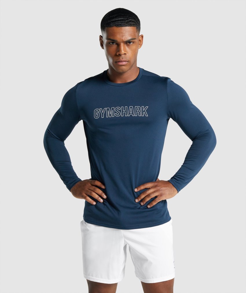 Navy Men\'s Gymshark Arrival Long Sleeve Graphic T Shirts | CA2206-787