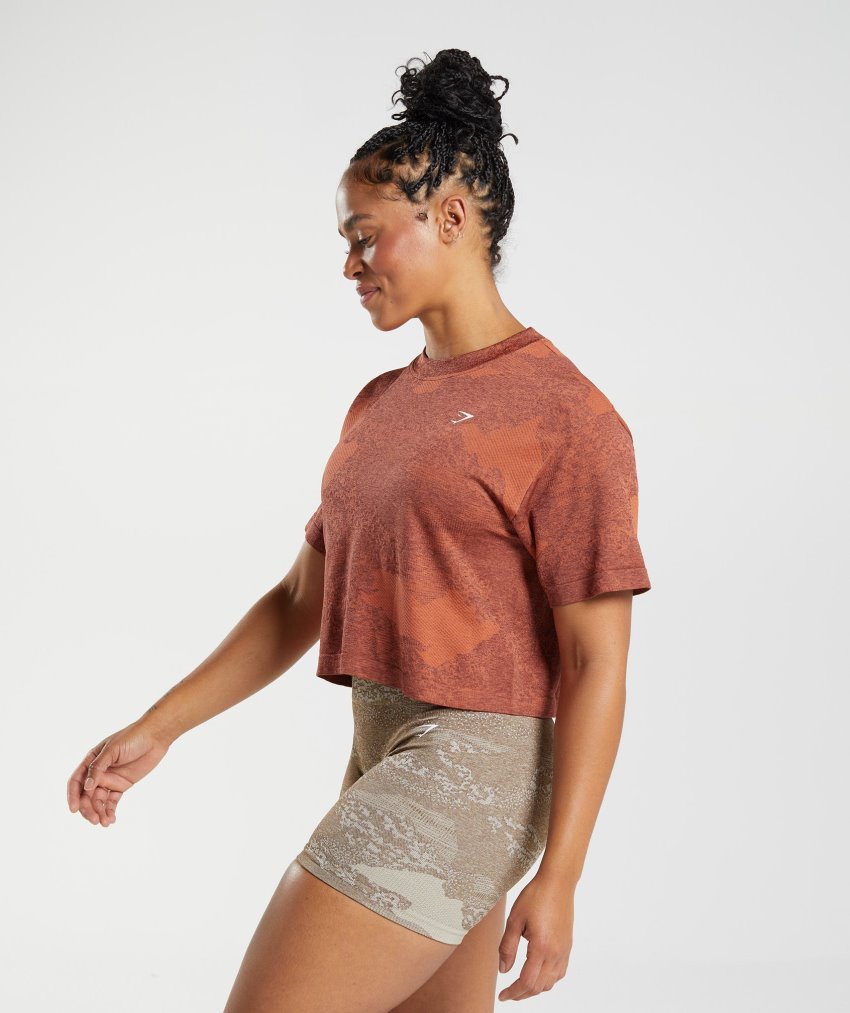 Red / Brown Women's Gymshark Adapt Camo Seamless Cropped Tops | CA5056-513